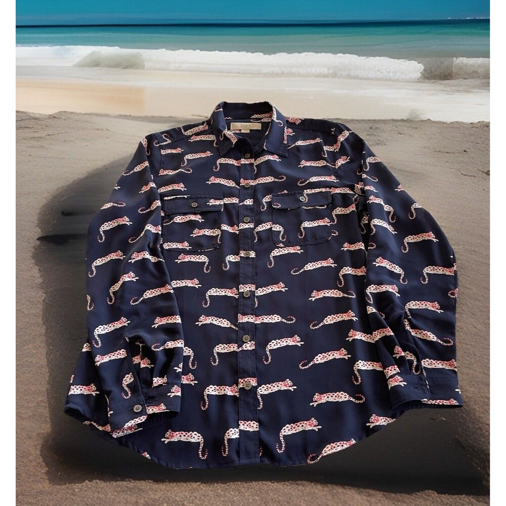 Loft Allover Tiger Print Lightweight Shirt Button Down LS Safari Ladies Medium